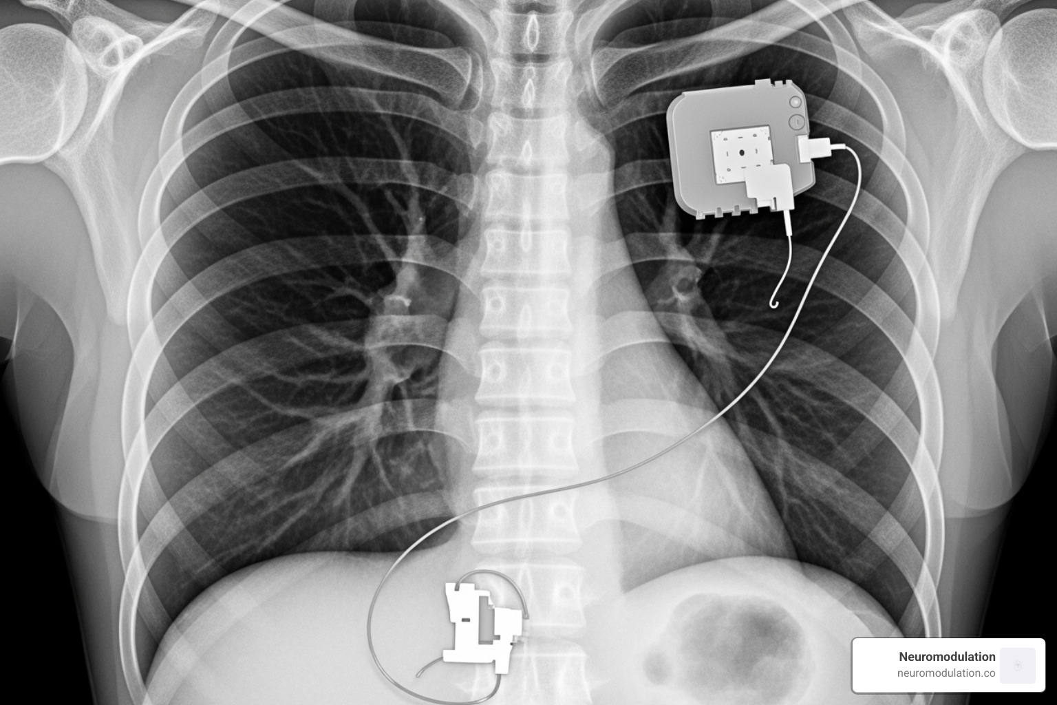 labeled chest X-ray showing the pulse generator and respiratory sensing lead - hypoglossal nerve stimulator radiology labeled chest X-ray showing the pulse generator and respiratory sensing lead - hypoglossal nerve stimulator radiology