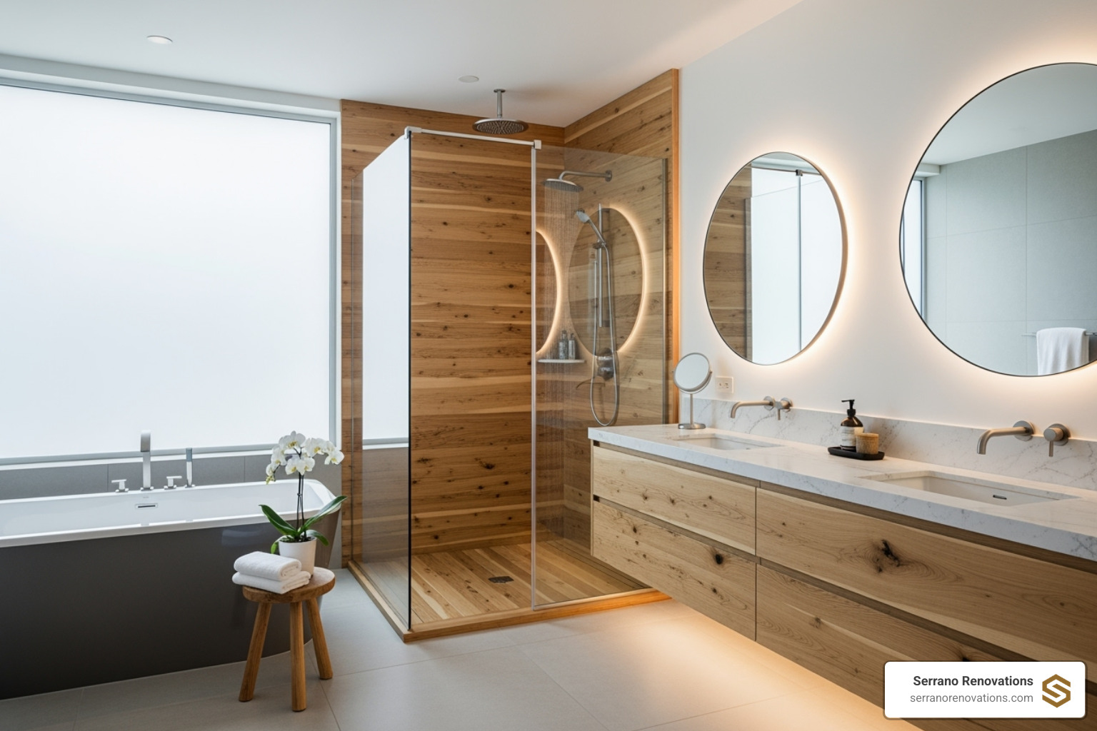 modern, spa-like bathroom with a walk-in shower and natural wood elements - bathroom remodel before after