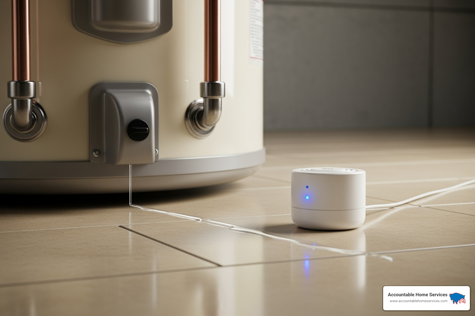 of a smart water leak detector sensor placed on the floor next to a water heater. - water leak repair