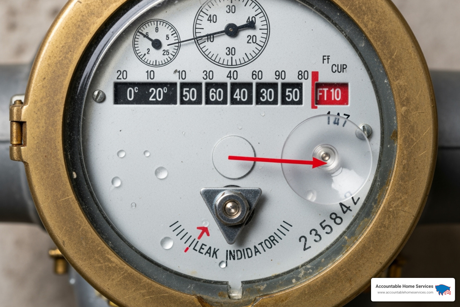 of a water meter, with an arrow pointing to the small leak indicator dial. - water leak repair