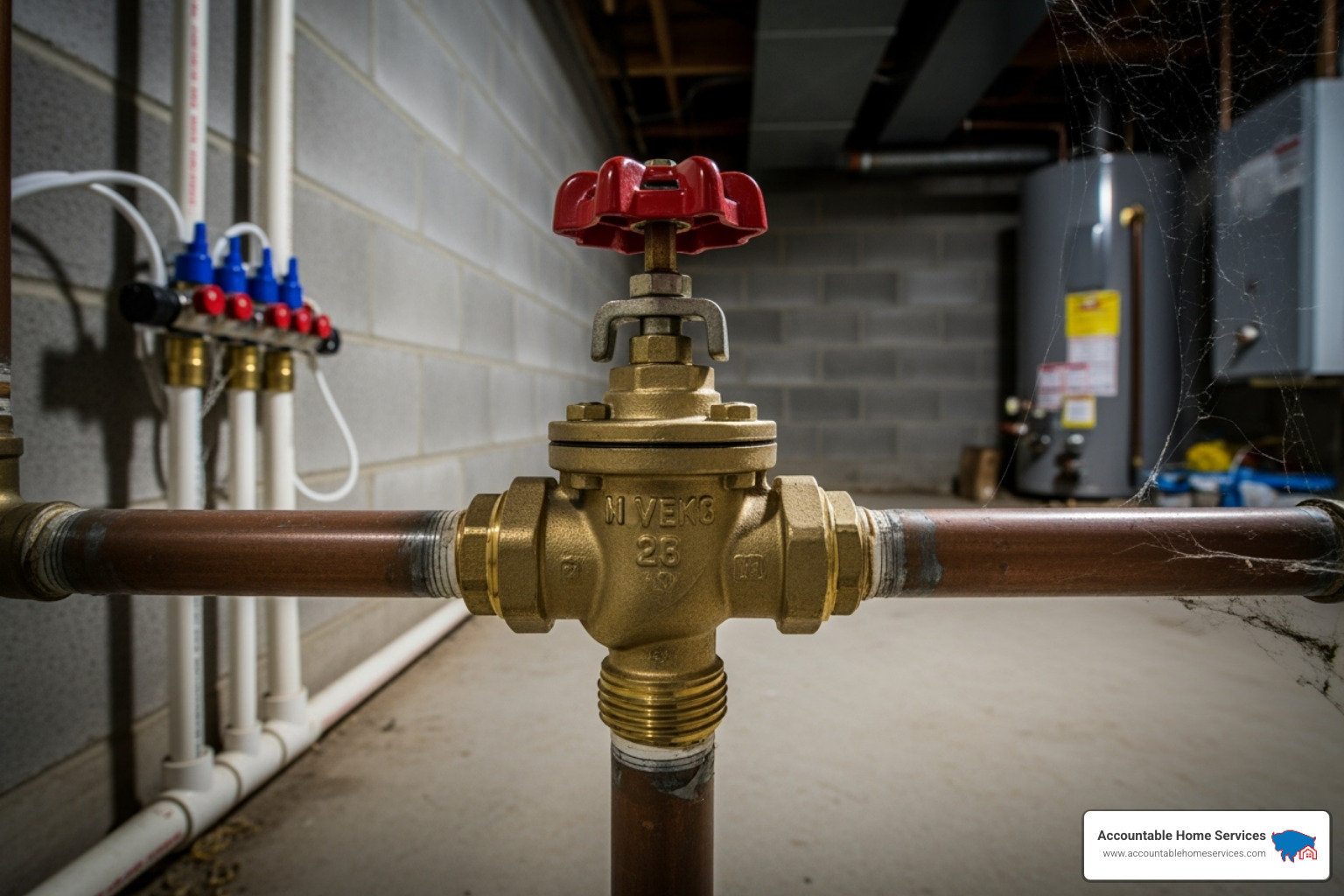 showing common locations for a main water shut-off valve, such as a basement wall or utility closet. - water leak repair