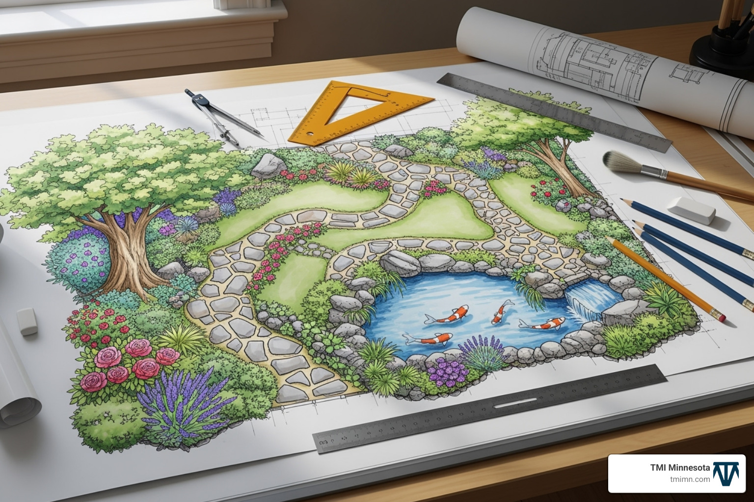 detailed and colorful landscape design plan on a drafting table - backyard contractors near me