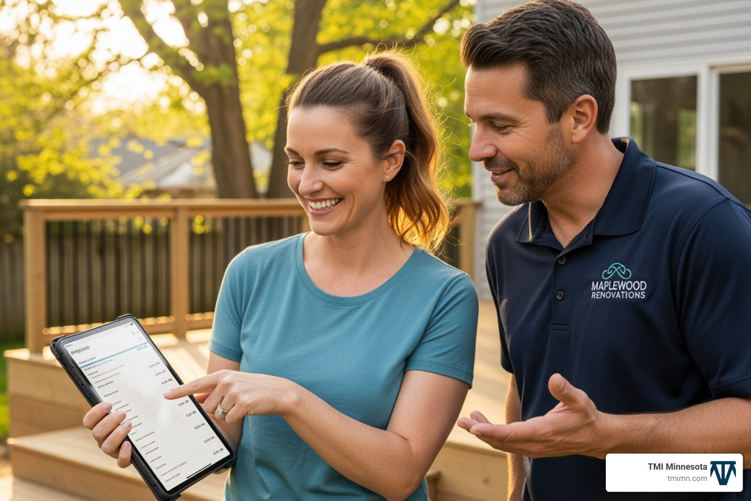 homeowner smiling while reviewing a project quote with a friendly contractor - backyard contractors near me