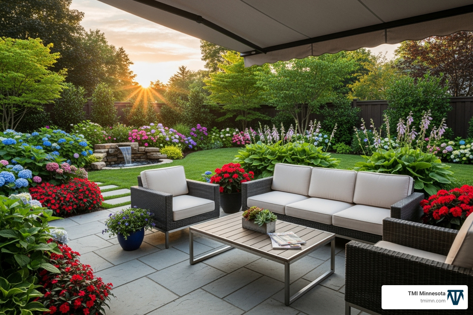 well-maintained patio and garden one year after installation, looking vibrant and clean - backyard contractors near me
