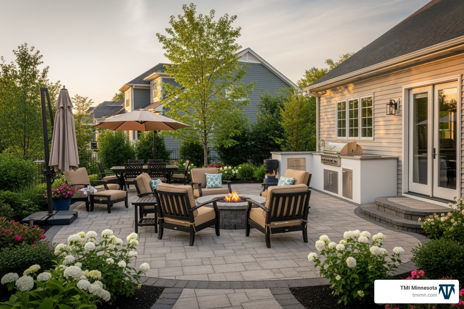 contractor's high-quality portfolio book open to a page showing a beautiful stone fire pit area - backyard contractors near me