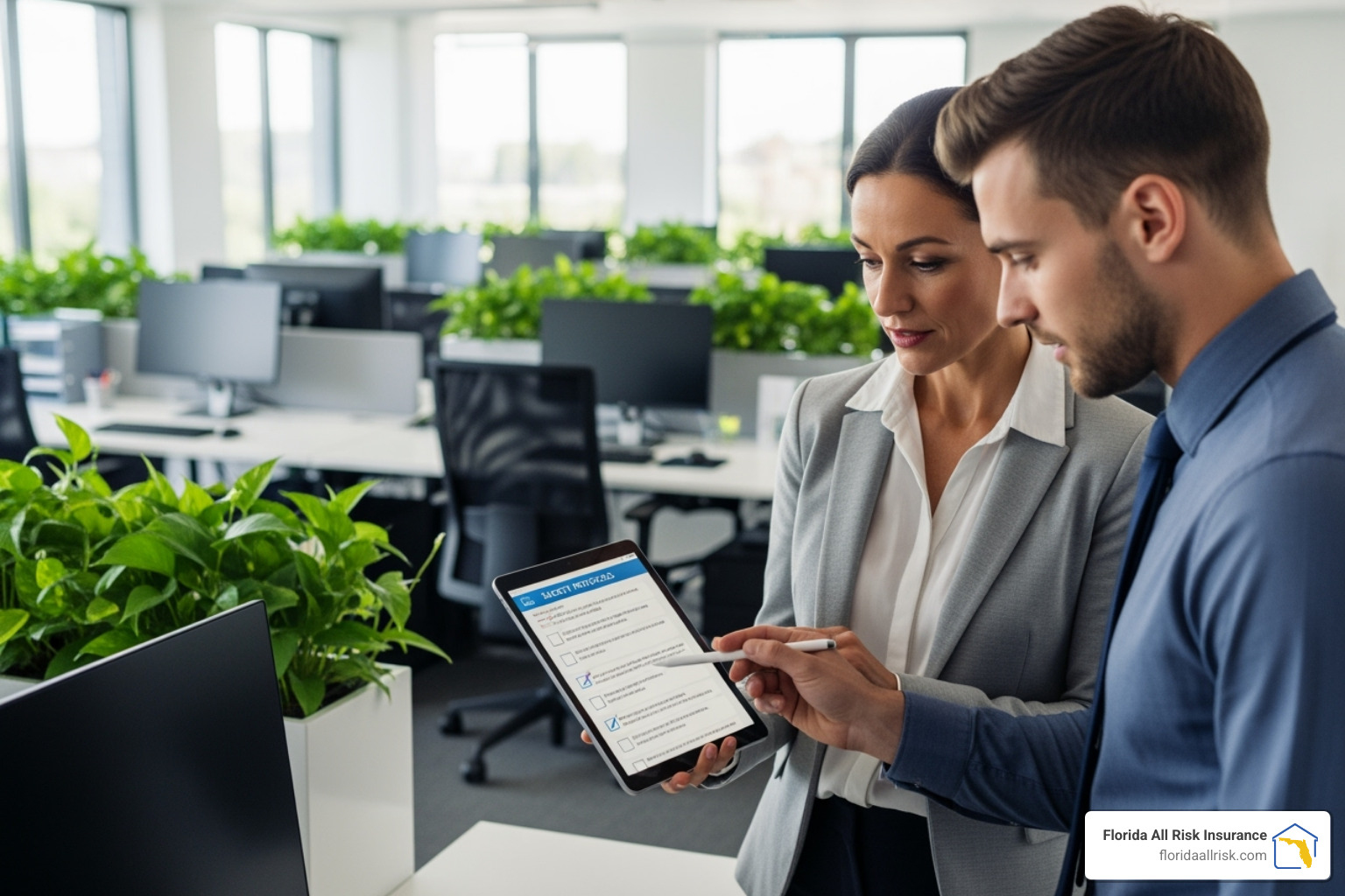 Image of a business owner reviewing safety protocols with an employee - general liability insurance Tampa Image of a business owner reviewing safety protocols with an employee - general liability insurance Tampa