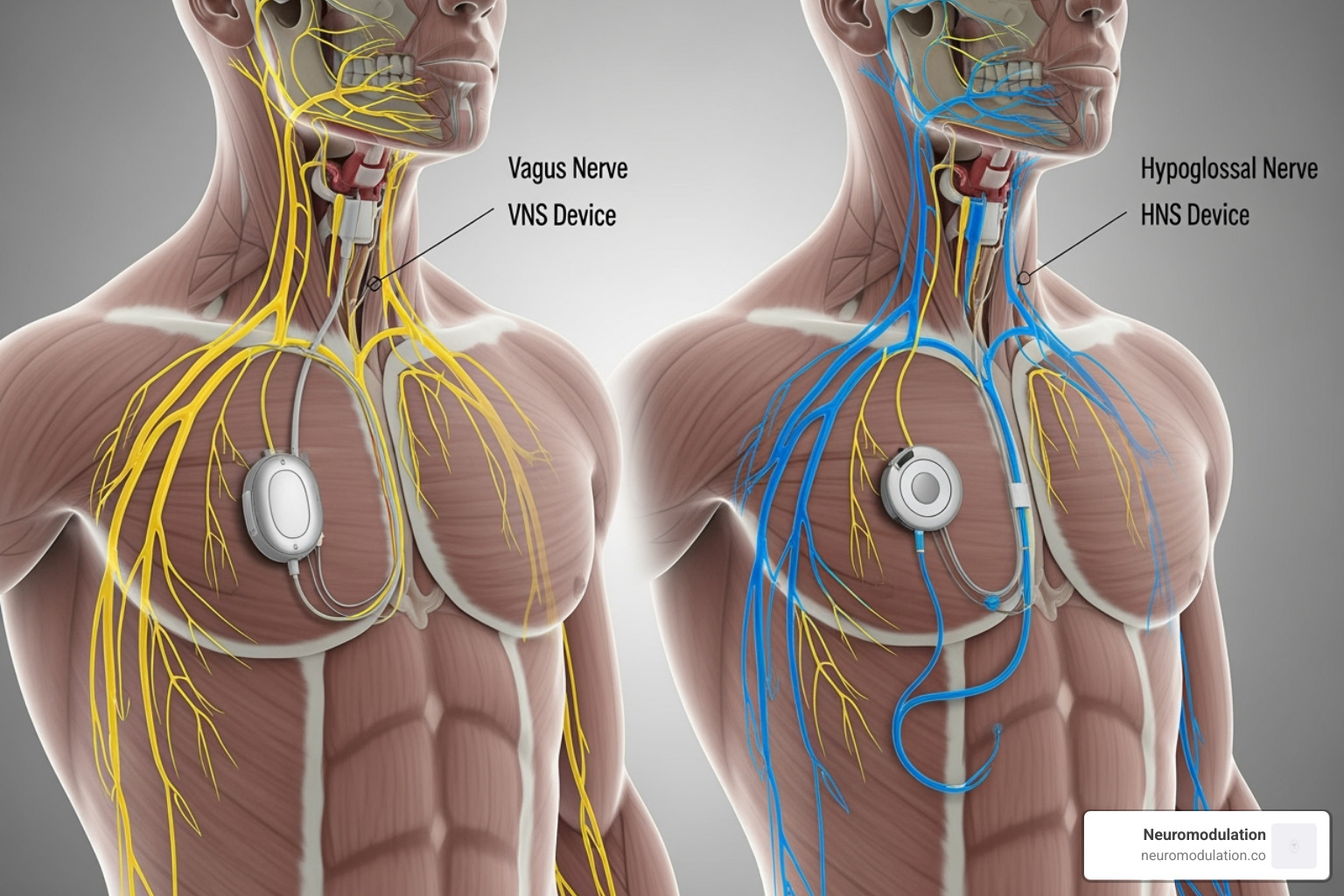 side-by-side comparison of VNS and HNS device placement and targeted nerves - is hypoglossal nerve stimulation part of vagus nerve stimulation