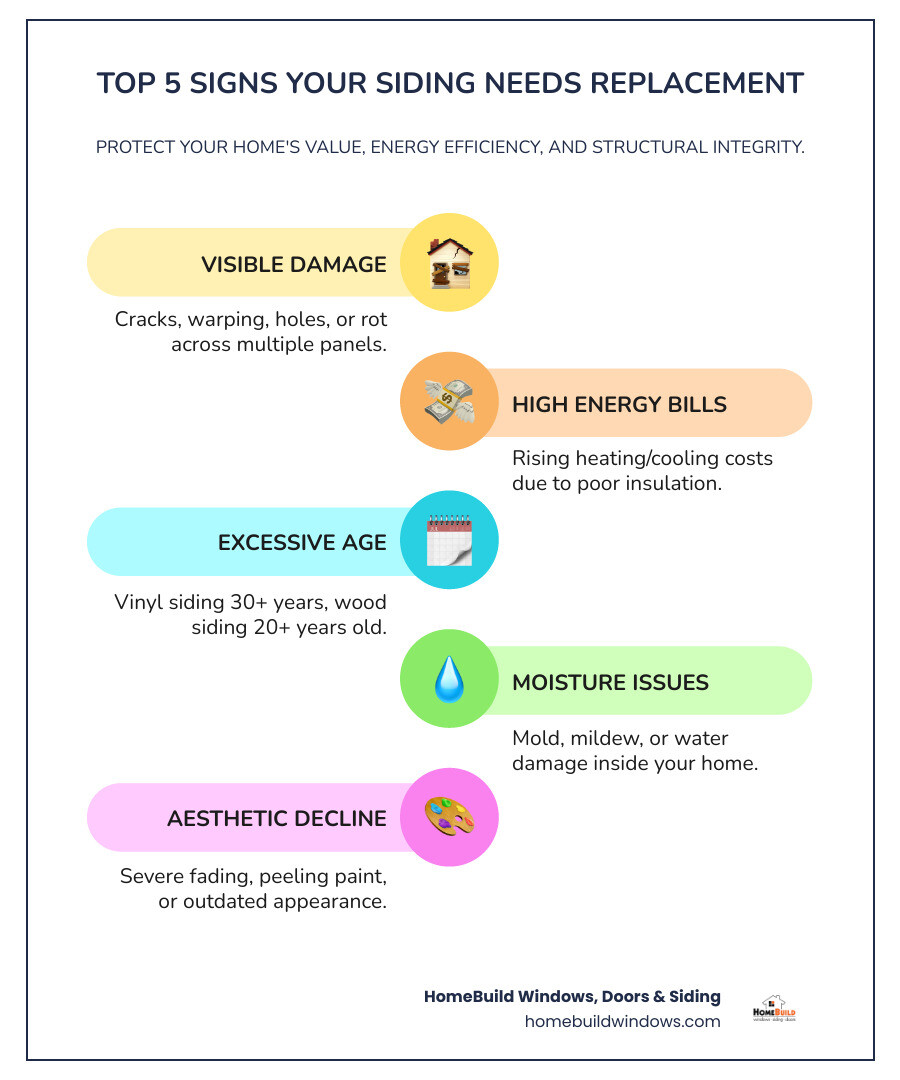 Comprehensive infographic showing the top 5 warning signs that indicate it's time for siding installation replacement: widespread visible damage with cracking and warping panels, rising energy bills due to poor insulation, siding age over 20-30 years depending on material, moisture problems including mold and interior water damage, and severe aesthetic decline with fading and peeling paint - siding installation replacement infographic infographic-line-5-steps-colors Comprehensive infographic showing the top 5 warning signs that indicate it's time for siding installation replacement: widespread visible damage with cracking and warping panels, rising energy bills due to poor insulation, siding age over 20-30 years depending on material, moisture problems including mold and interior water damage, and severe aesthetic decline with fading and peeling paint - siding installation replacement infographic infographic-line-5-steps-colors