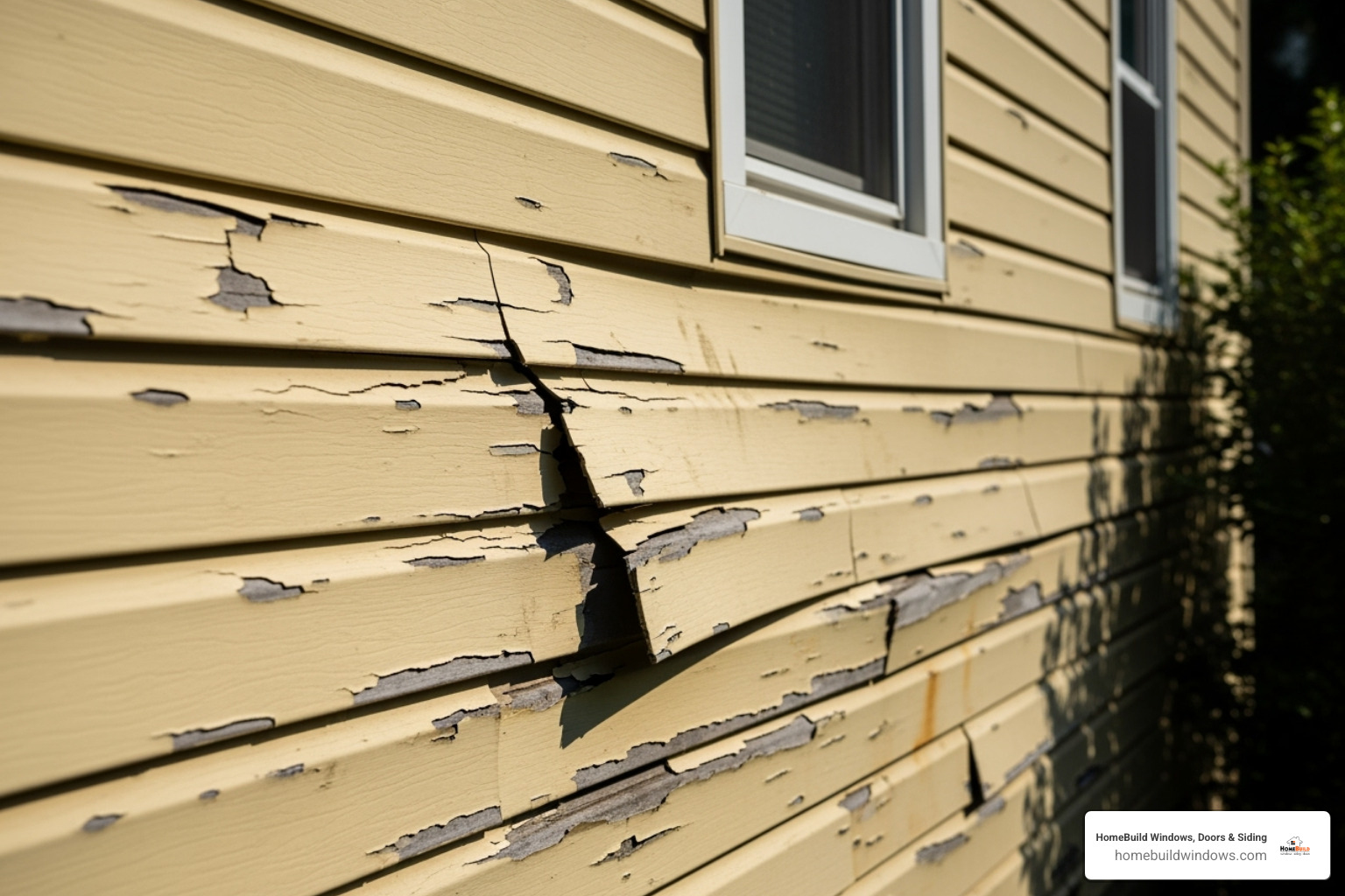 A single cracked vinyl siding panel next to a home with widespread siding damage - siding installation replacement A single cracked vinyl siding panel next to a home with widespread siding damage - siding installation replacement