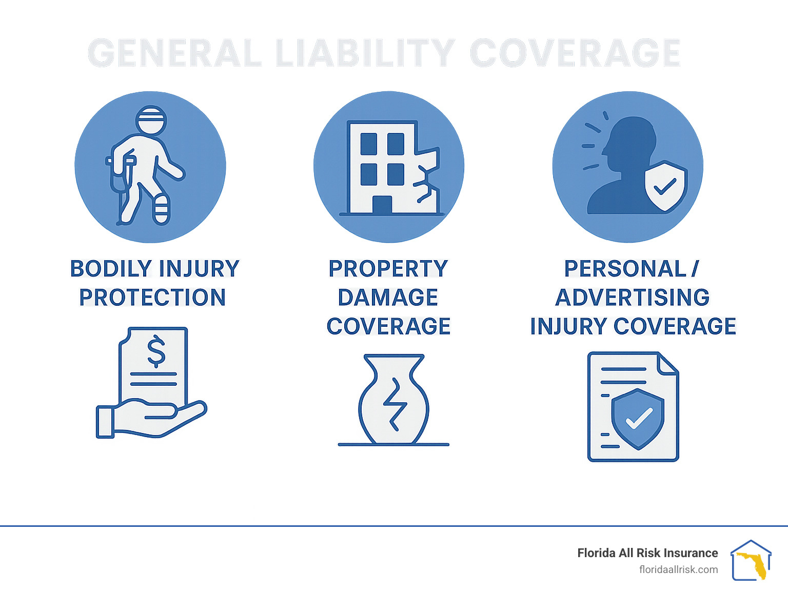 Infographic showing the three main pillars of general liability coverage: Bodily Injury Protection covering medical expenses and legal fees when third parties are injured on business premises, Property Damage Coverage protecting against costs when business operations damage others' property, and Personal/Advertising Injury Coverage defending against claims of slander, libel, and copyright infringement - general liability insurance Tampa infographic Infographic showing the three main pillars of general liability coverage: Bodily Injury Protection covering medical expenses and legal fees when third parties are injured on business premises, Property Damage Coverage protecting against costs when business operations damage others' property, and Personal/Advertising Injury Coverage defending against claims of slander, libel, and copyright infringement - general liability insurance Tampa infographic