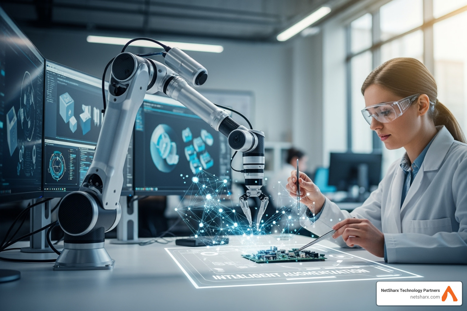 A human and a robot collaborating at a workstation, symbolizing intelligent augmentation - AI in digital change