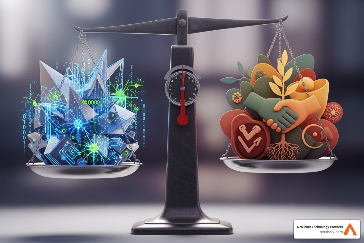 A balanced scale weighing 'AI potential' against 'Ethical Responsibility', illustrating the need for careful consideration - AI in digital change