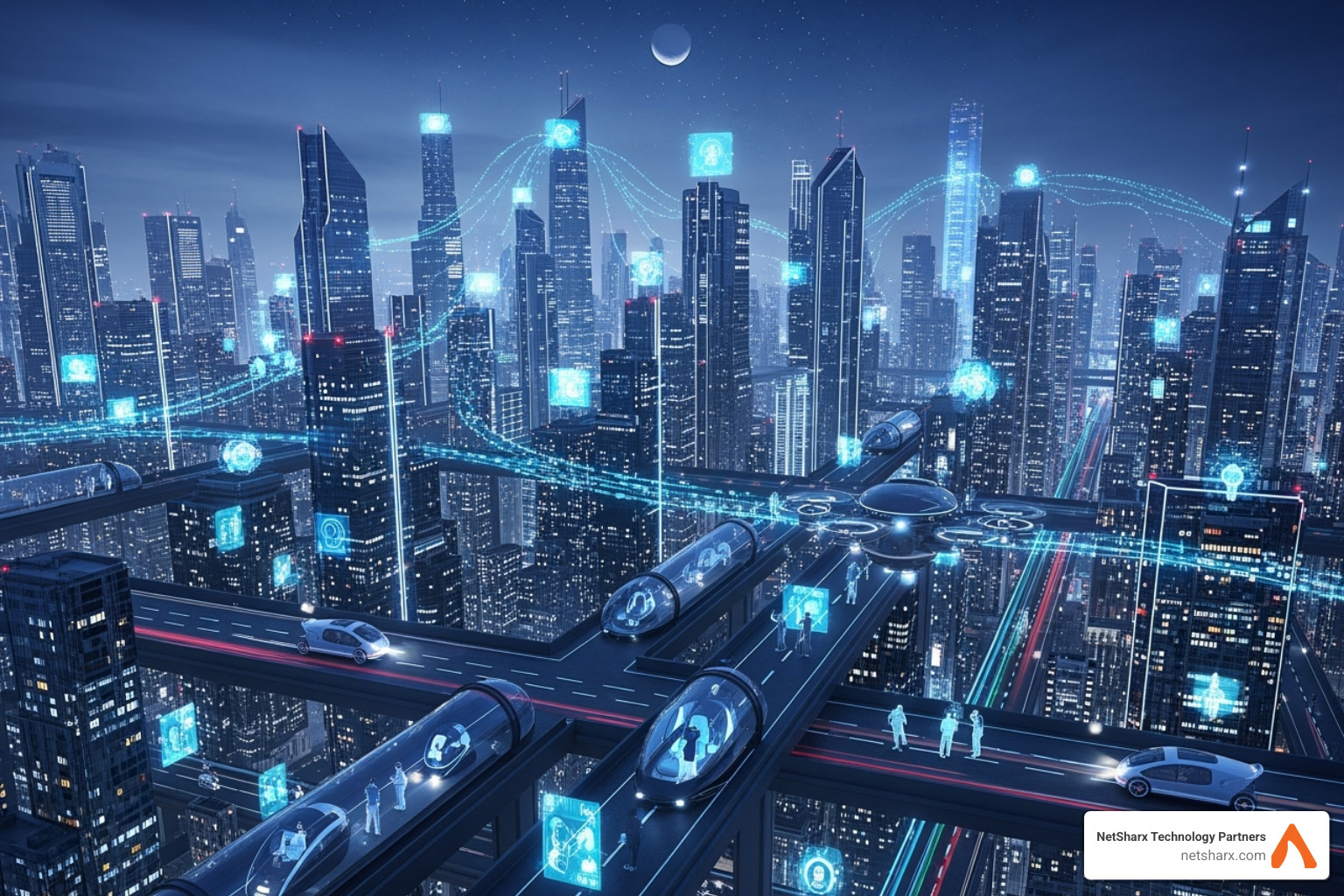 A futuristic cityscape with data streams connecting buildings, vehicles, and people, illustrating the convergence of advanced technologies - AI in digital change