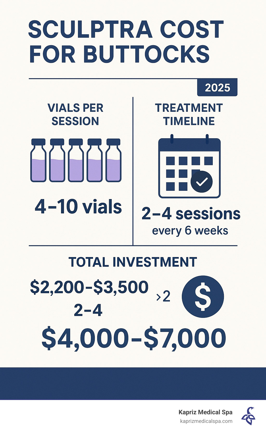 Detailed cost breakdown infographic showing Sculptra vials needed per session, treatment timeline, and total investment calculation for buttocks improvement - sculptra cost for buttocks infographic 