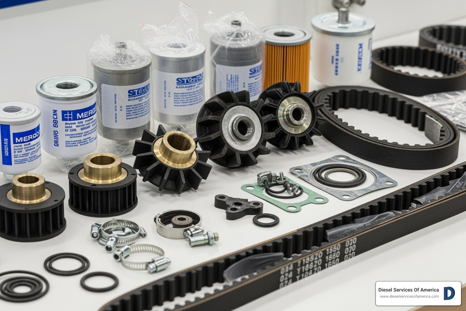 of various marine diesel engine parts laid out, such as filters, impellers, and belts - marine diesel parts supply