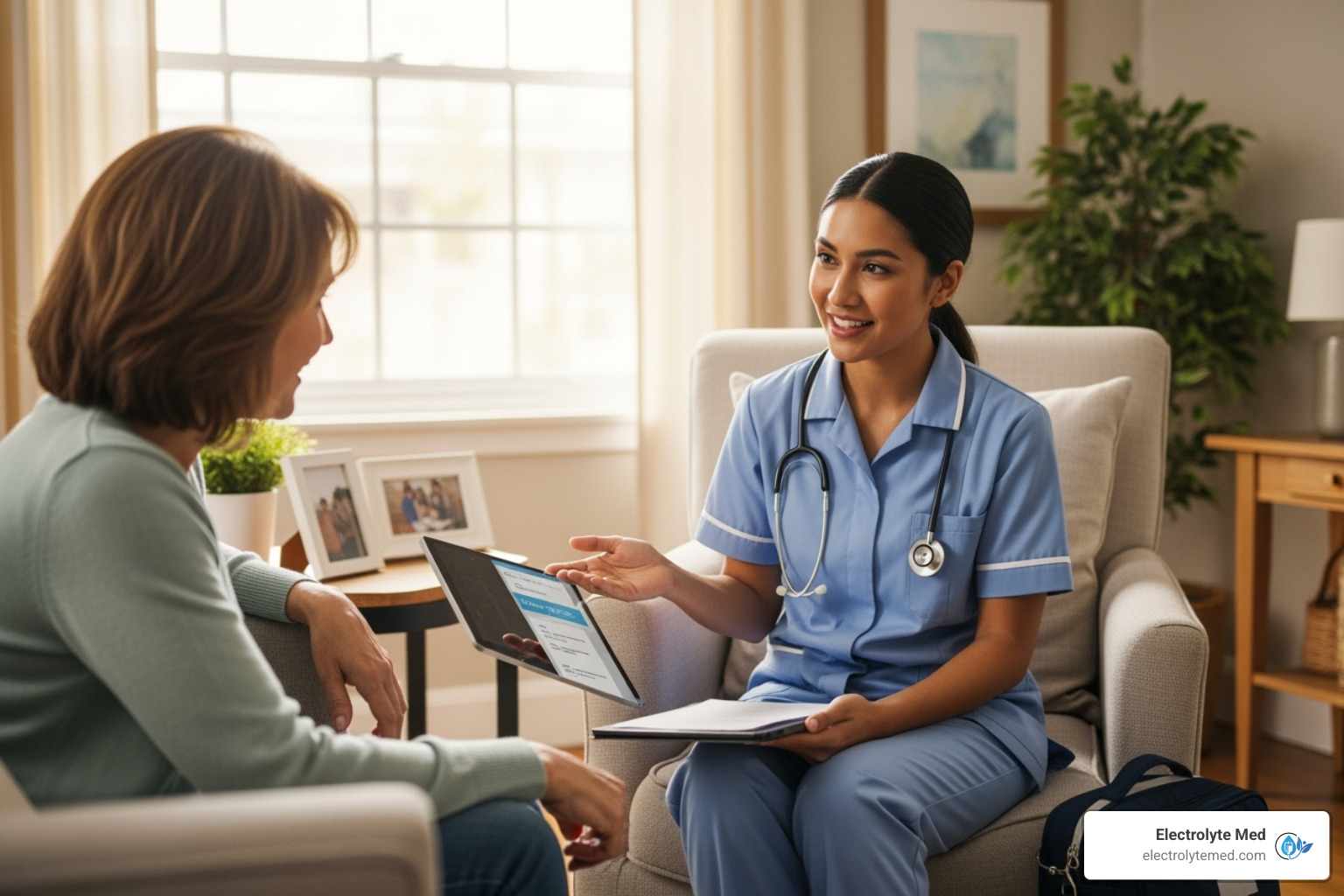 Friendly, professional nurse in uniform consulting with a client at their home - at home iv los angeles