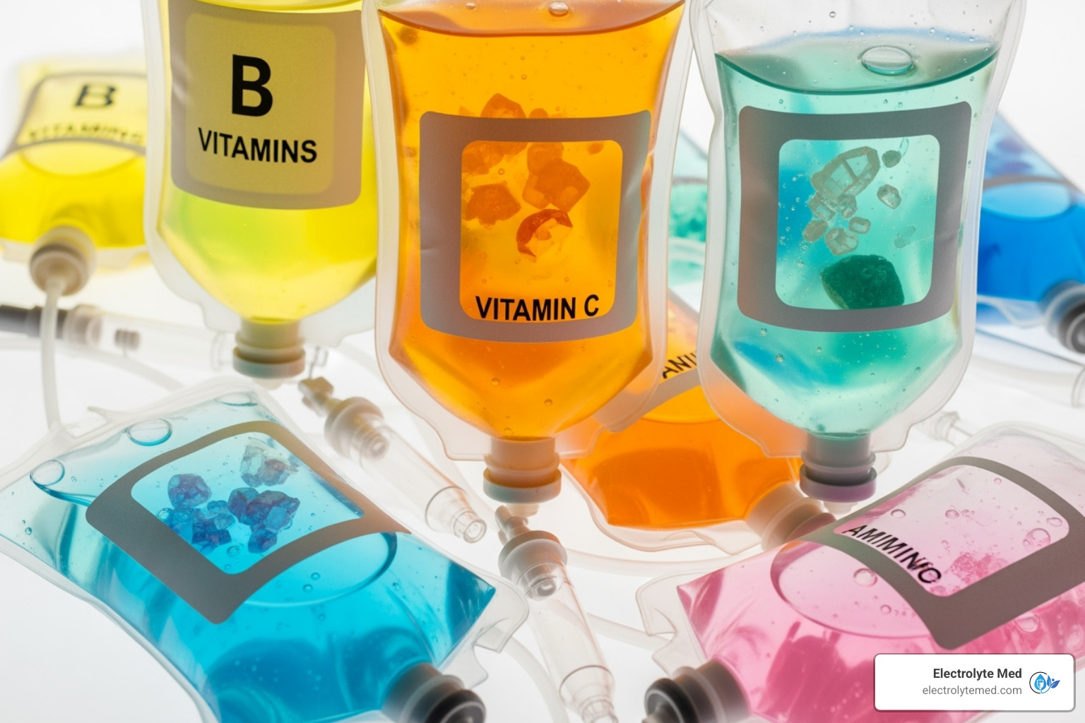 Various vitamins, minerals, and colorful IV bags arranged artistically - at home iv los angeles