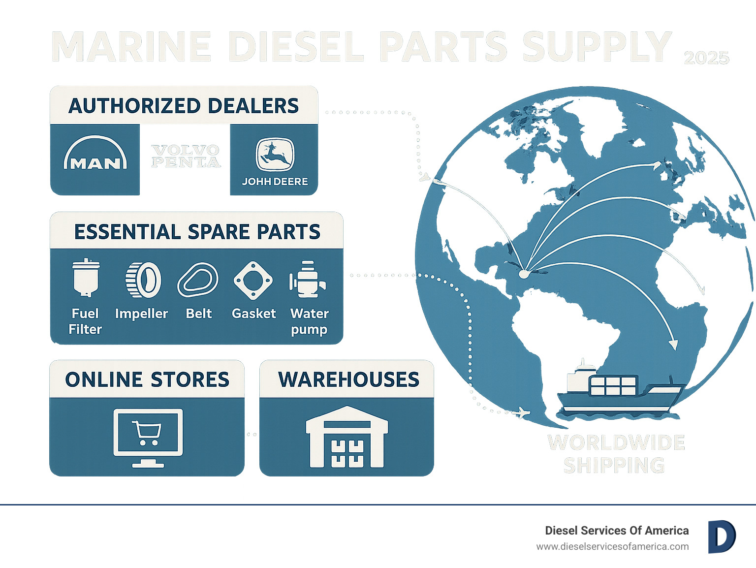 Comprehensive marine diesel parts supply chain showing authorized dealers, online stores, warehouses, and global shipping routes with icons for different engine brands and essential spare parts categories - marine diesel parts supply infographic 