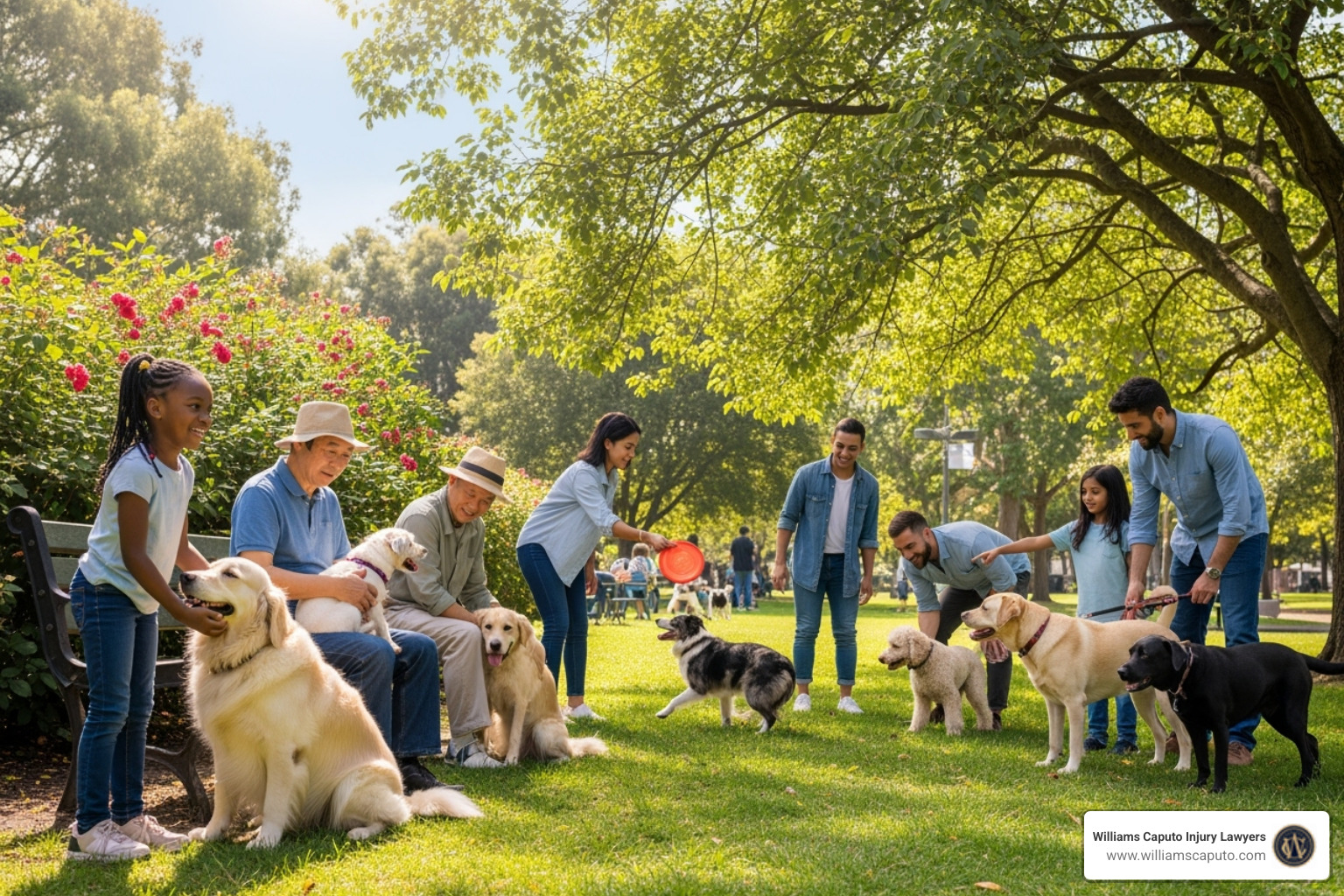 diverse group of people and dogs interacting safely in a community setting - texas dog bite laws