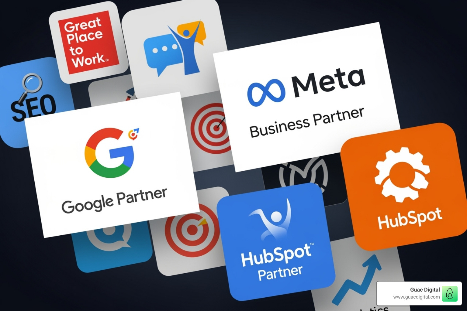 Various certification logos like Google Partner, Meta Business Partner, HubSpot Partner, and Great Place to Work - agence marketing digital