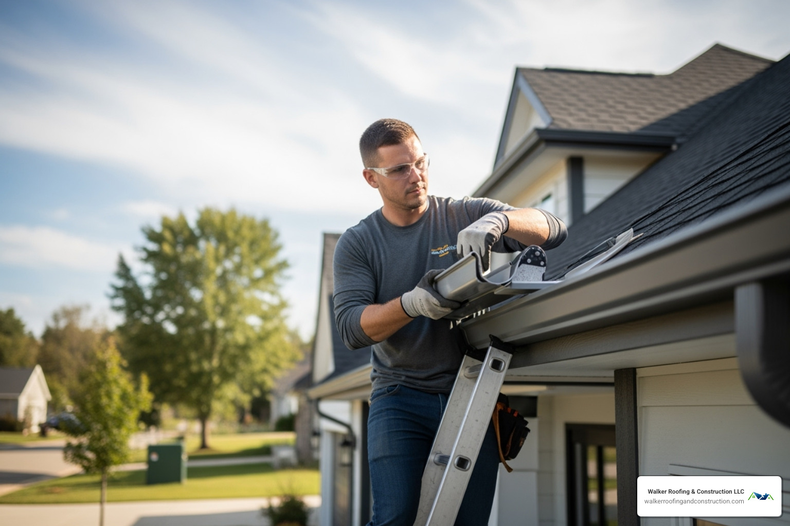 A professional installer carefully positioning a section of seamless gutter along a home's roofline, demonstrating precision during installation - gutter replacement northeast ohio