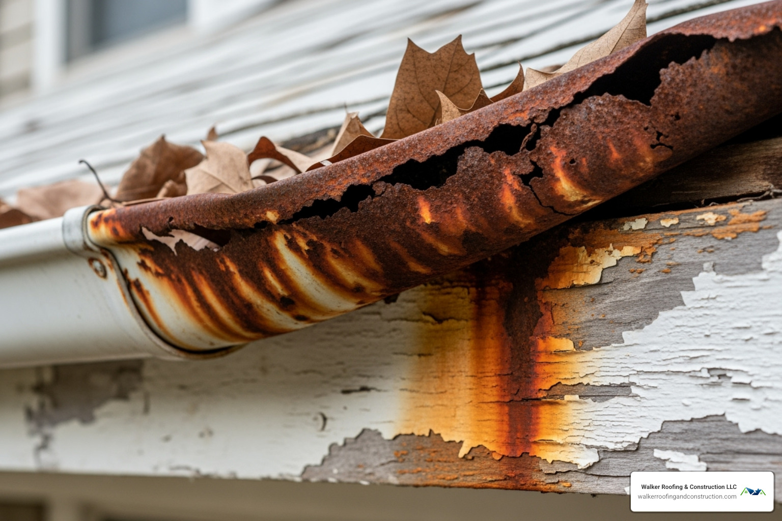 A rusty, sagging gutter with peeling paint, clearly showing signs of severe damage and wear - gutter replacement northeast ohio