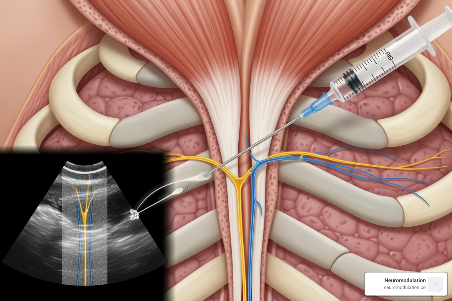 Illustration of an intercostal nerve block procedure, showing a needle being guided by imaging to inject medication near an intercostal nerve between two ribs - Intercostal neuralgia treatment