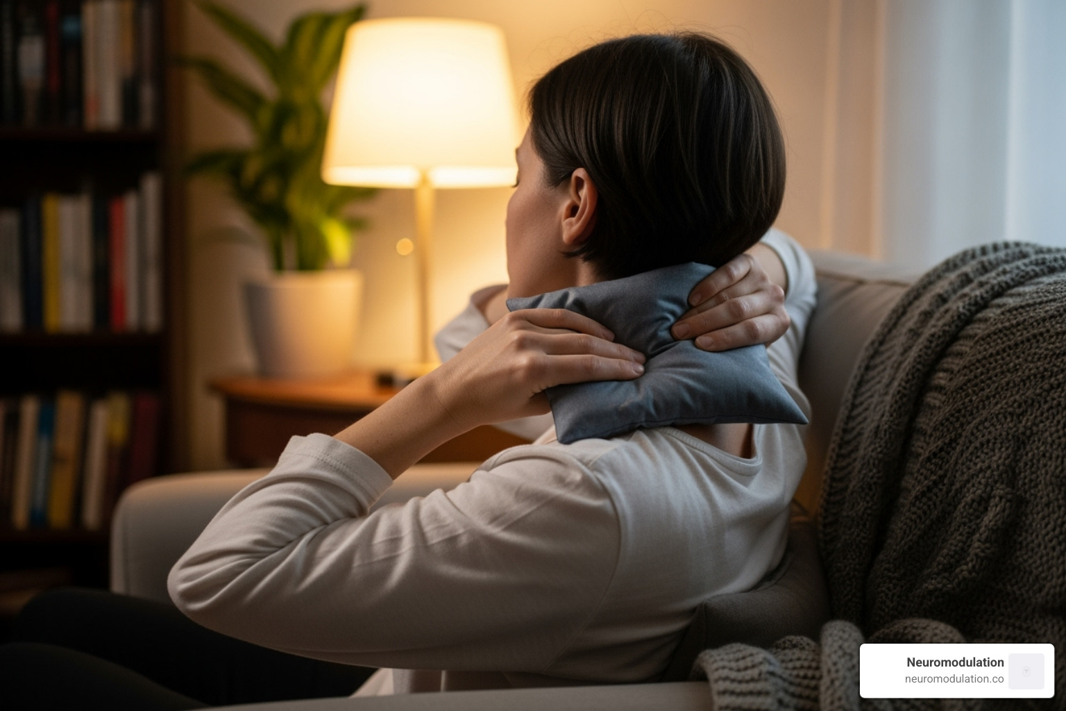 A person using a heat pack on their neck - Greater occipital neuralgia