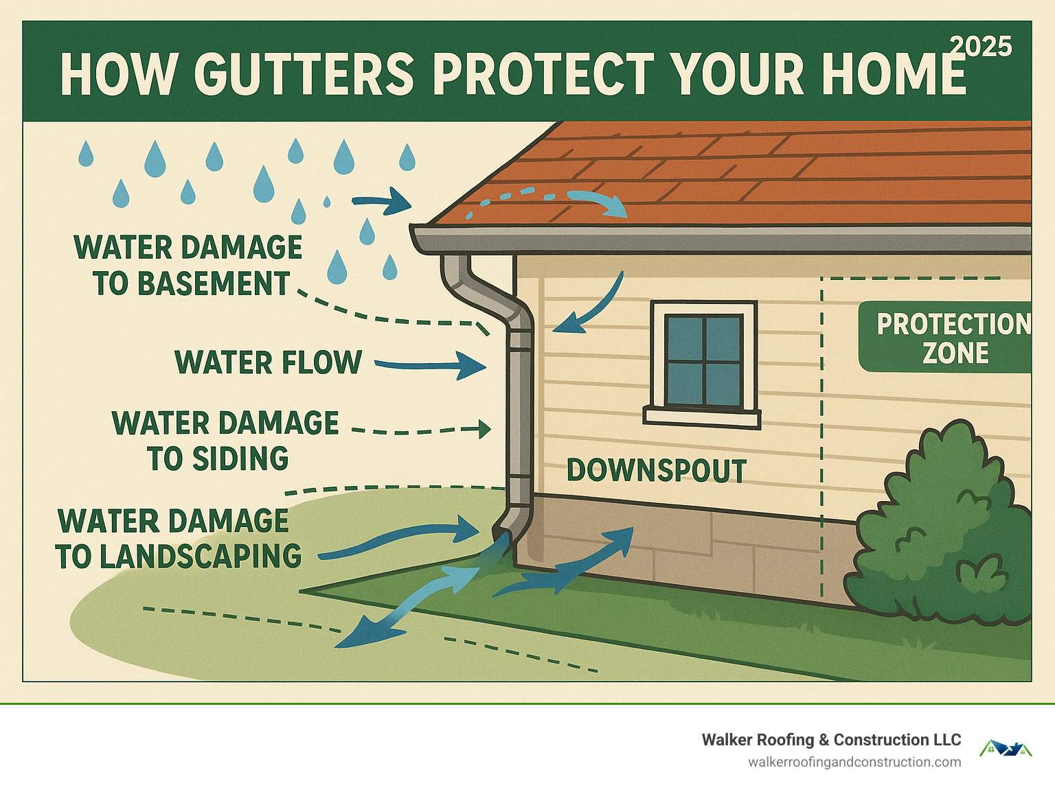 Detailed infographic showing how properly installed gutters channel rainwater from roof through downspouts away from home foundation, preventing water damage to basement, siding, and landscaping, with arrows indicating water flow and protection zones - gutter replacement northeast ohio infographic
