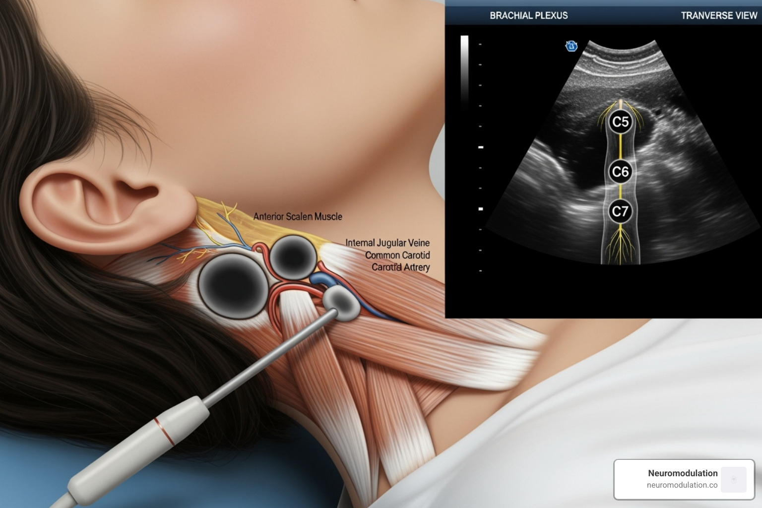 Image of interscalene block sonoanatomy and probe position - ultrasound guided blocks Image of interscalene block sonoanatomy and probe position - ultrasound guided blocks
