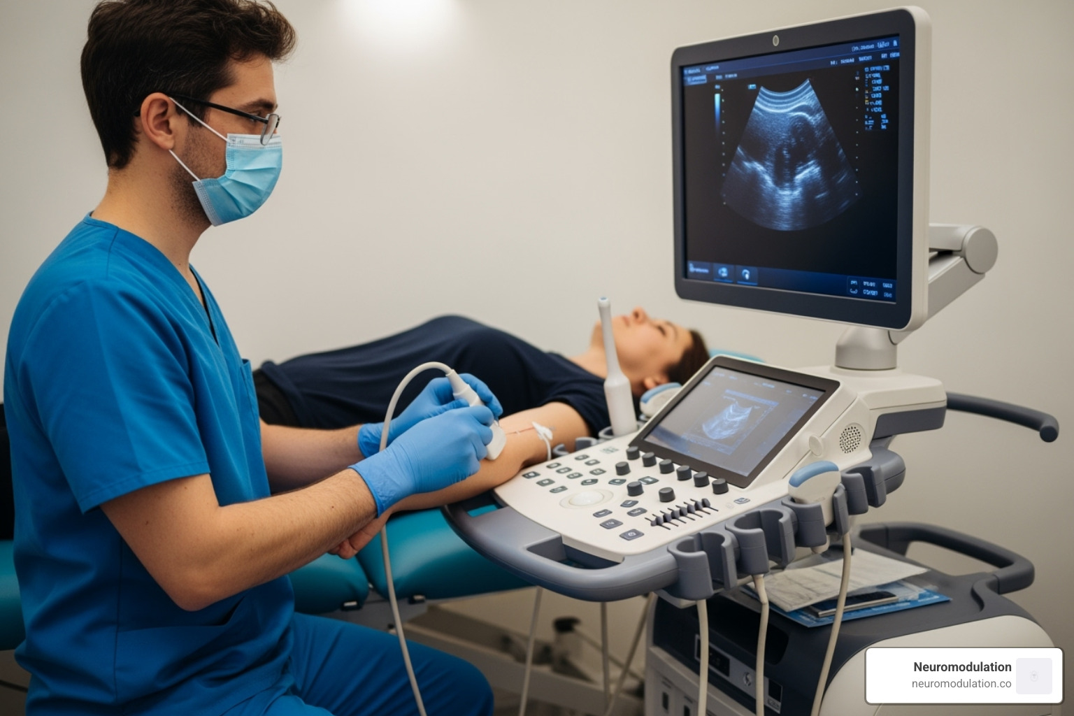 Image demonstrating proper ergonomic setup (ALVA) - ultrasound guided blocks Image demonstrating proper ergonomic setup (ALVA) - ultrasound guided blocks