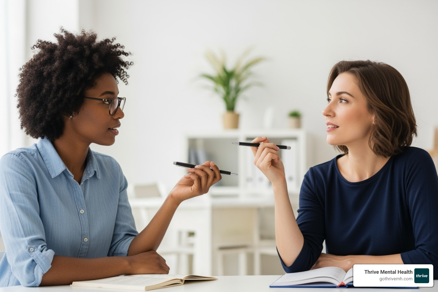 Two individuals engaged in a calm, intellectual discussion, symbolizing a scientific debate or differing perspectives - eye therapy