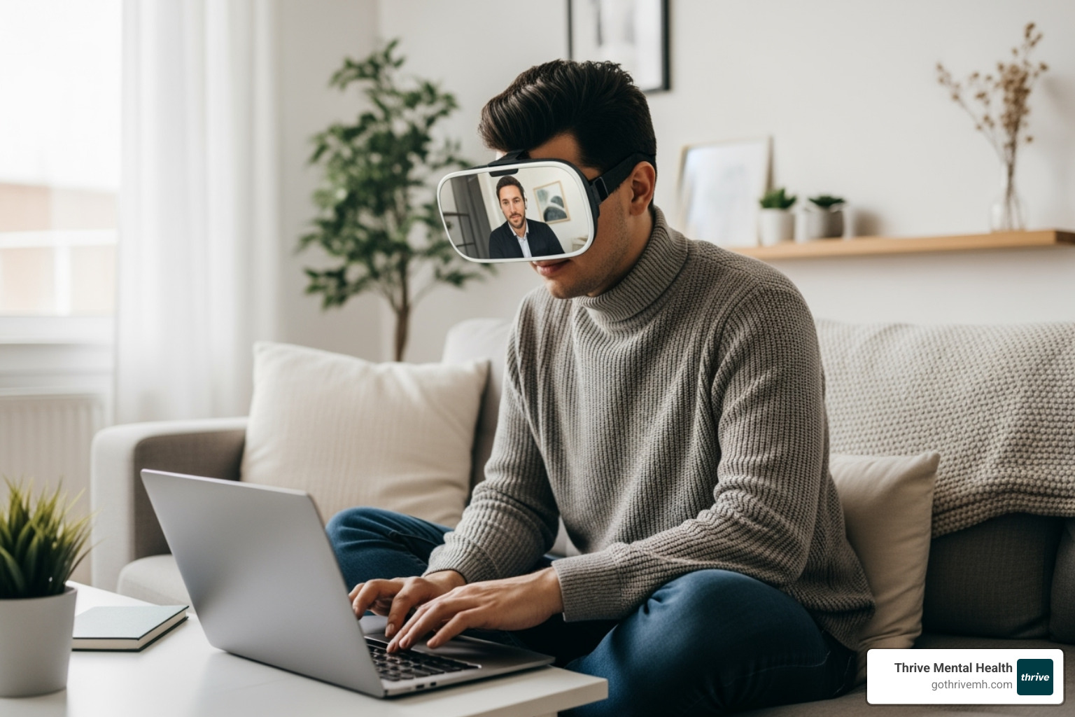 A person sitting comfortably in a well-lit, minimalist home setting, engaged in a virtual therapy session on a laptop, conveying a sense of calm and support - eye therapy