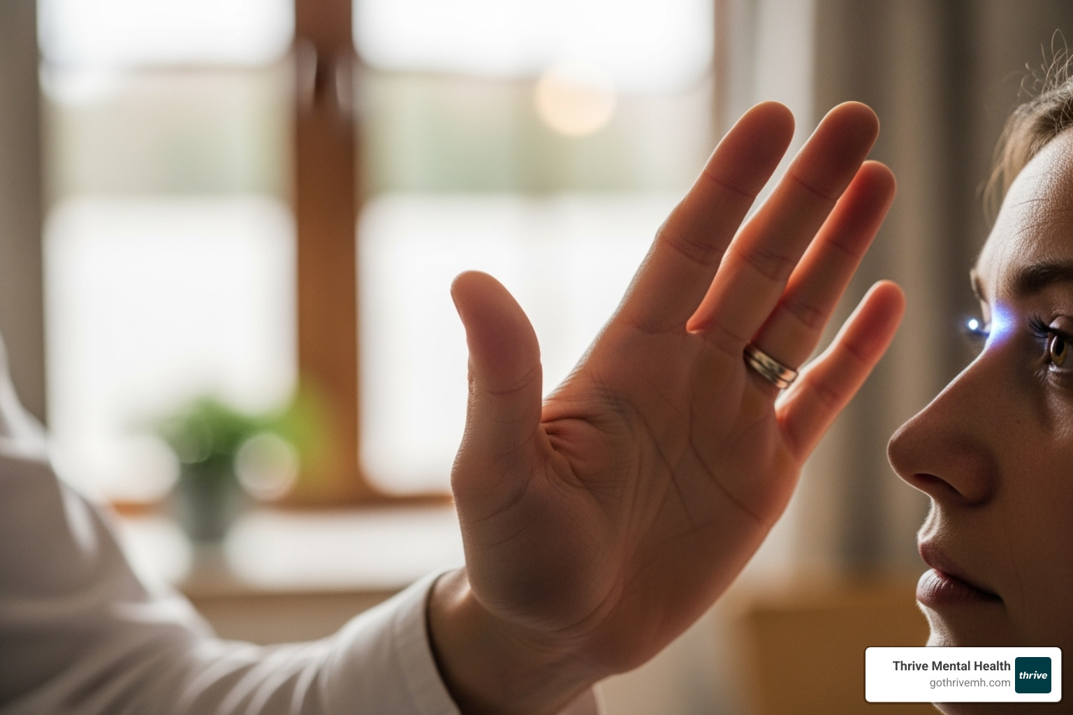 A serene image illustrating bilateral stimulation in a therapy setting, perhaps with a therapist's hand gently guiding eye movements or subtle light cues - eye therapy