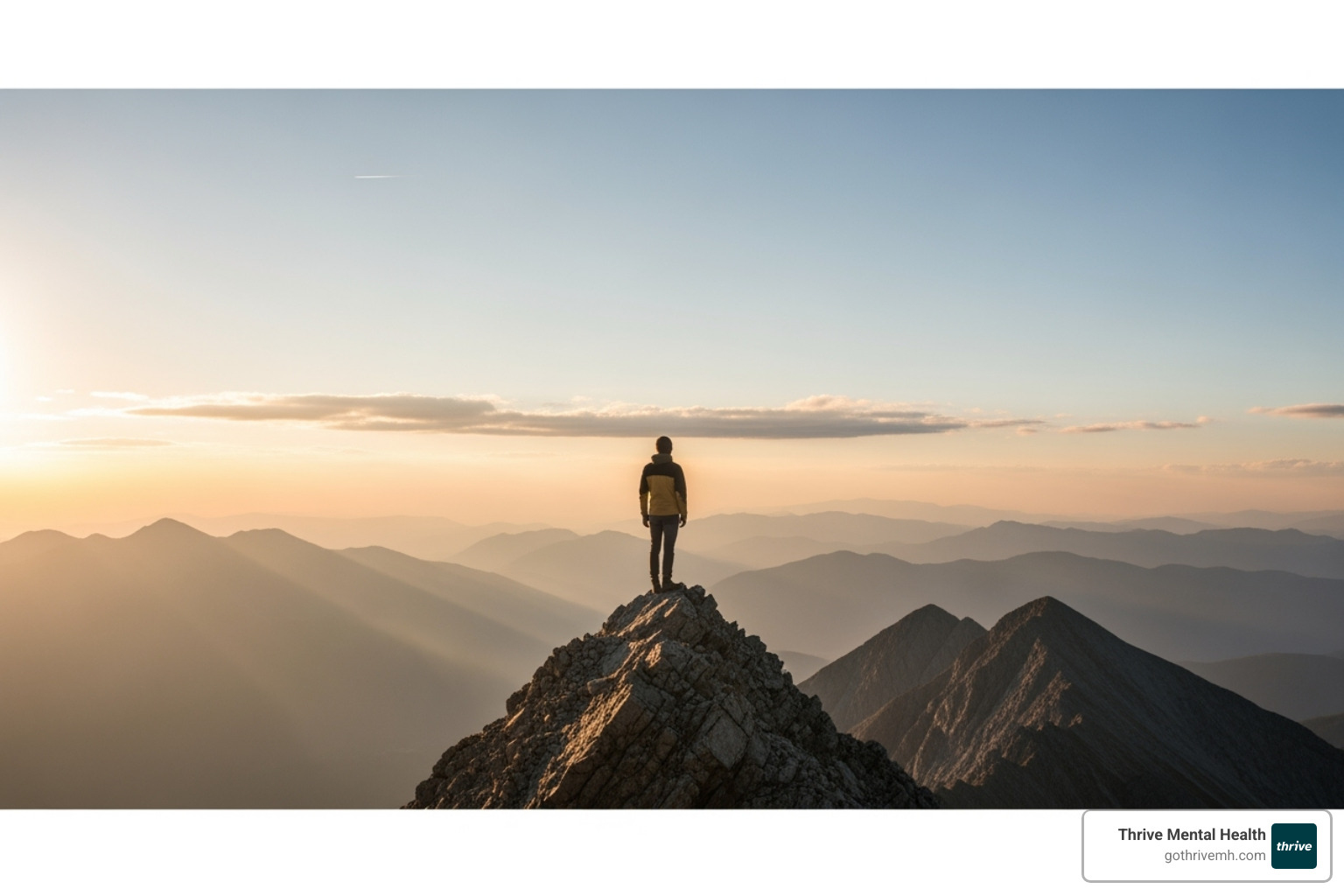 A person standing on a serene mountain top, looking out at a clear horizon, symbolizing clarity, hope, and personal growth - eye therapy