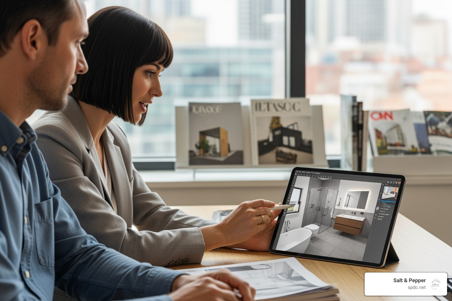 Salt & Pepper designer working with a client using a digital bathroom planner - Bathroom remodel planning tools Salt & Pepper designer working with a client using a digital bathroom planner - Bathroom remodel planning tools