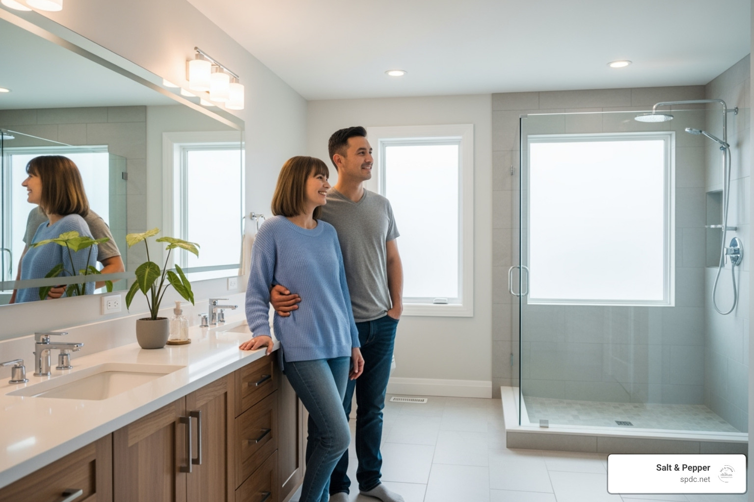 Smiling couple looking at their newly completed bathroom remodel by Salt & Pepper - Bathroom remodel planning tools Smiling couple looking at their newly completed bathroom remodel by Salt & Pepper - Bathroom remodel planning tools