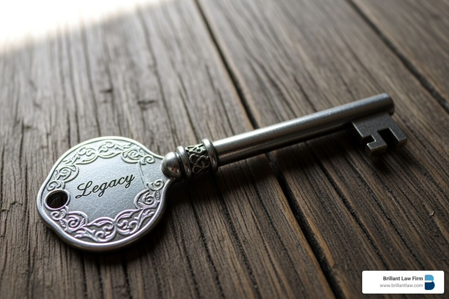 A silver key with the word 'Legacy' engraved on its head, resting on a wooden surface, symbolizing securing one's legacy