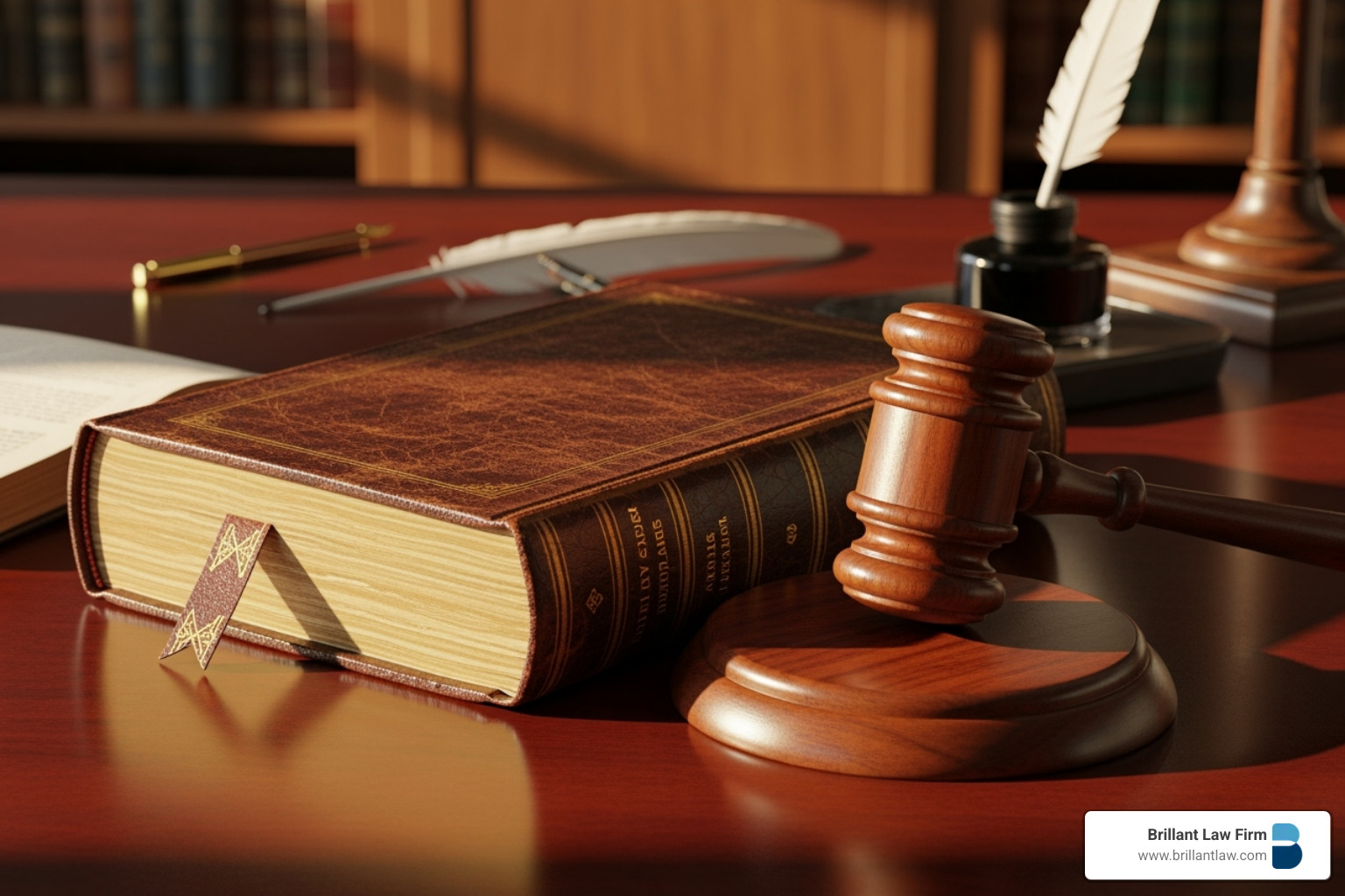 A leather-bound legal book and gavel on a desk, symbolizing legal services