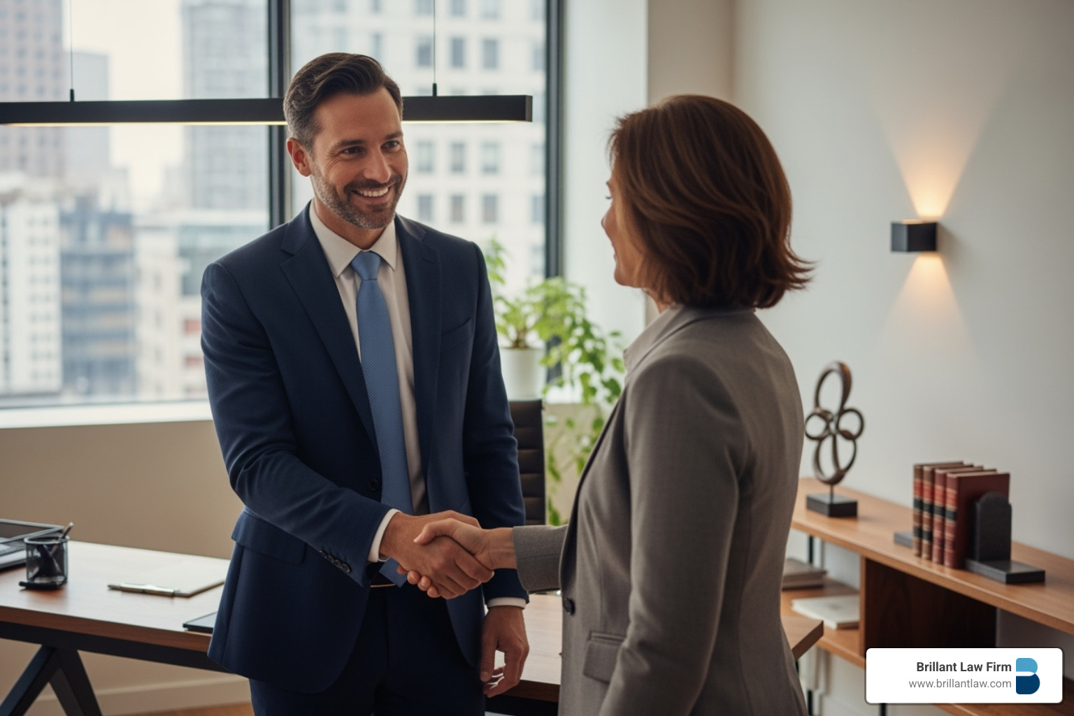 A professional attorney warmly shaking a client's hand in a modern office setting, representing a client-centered approach
