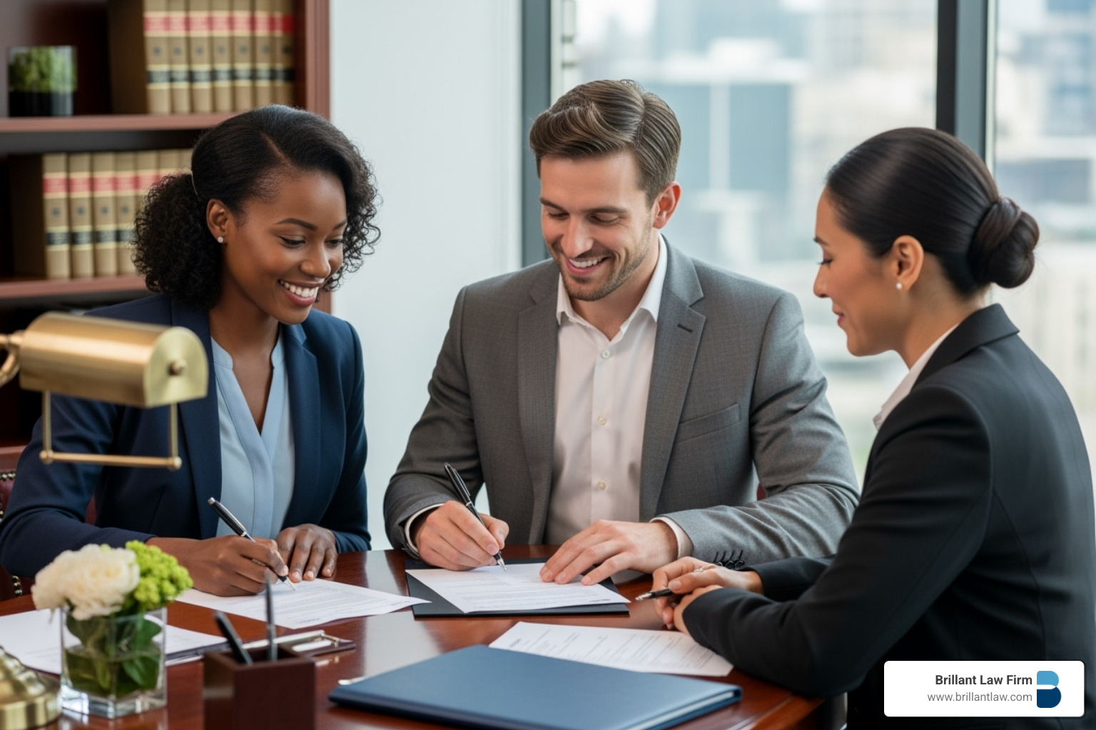 A diverse couple smiling as they sign estate planning documents with their attorney