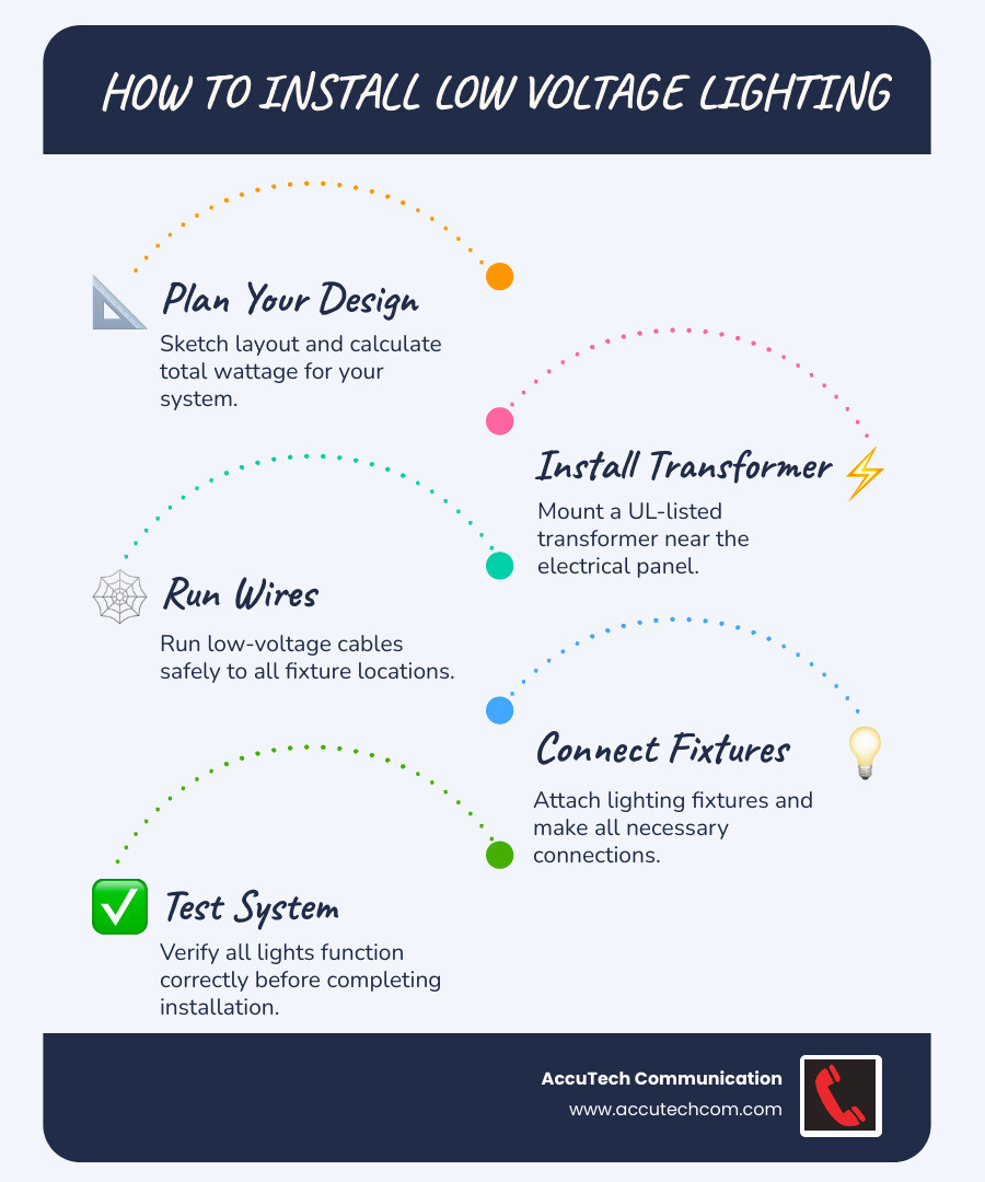 Basic low voltage lighting system showing 120V source connected to transformer, which outputs 12V/24V to LED fixtures through low voltage wiring with proper connectors and switches - how to install low voltage interior lighting infographic infographic-line-5-steps-blues-accent_colors