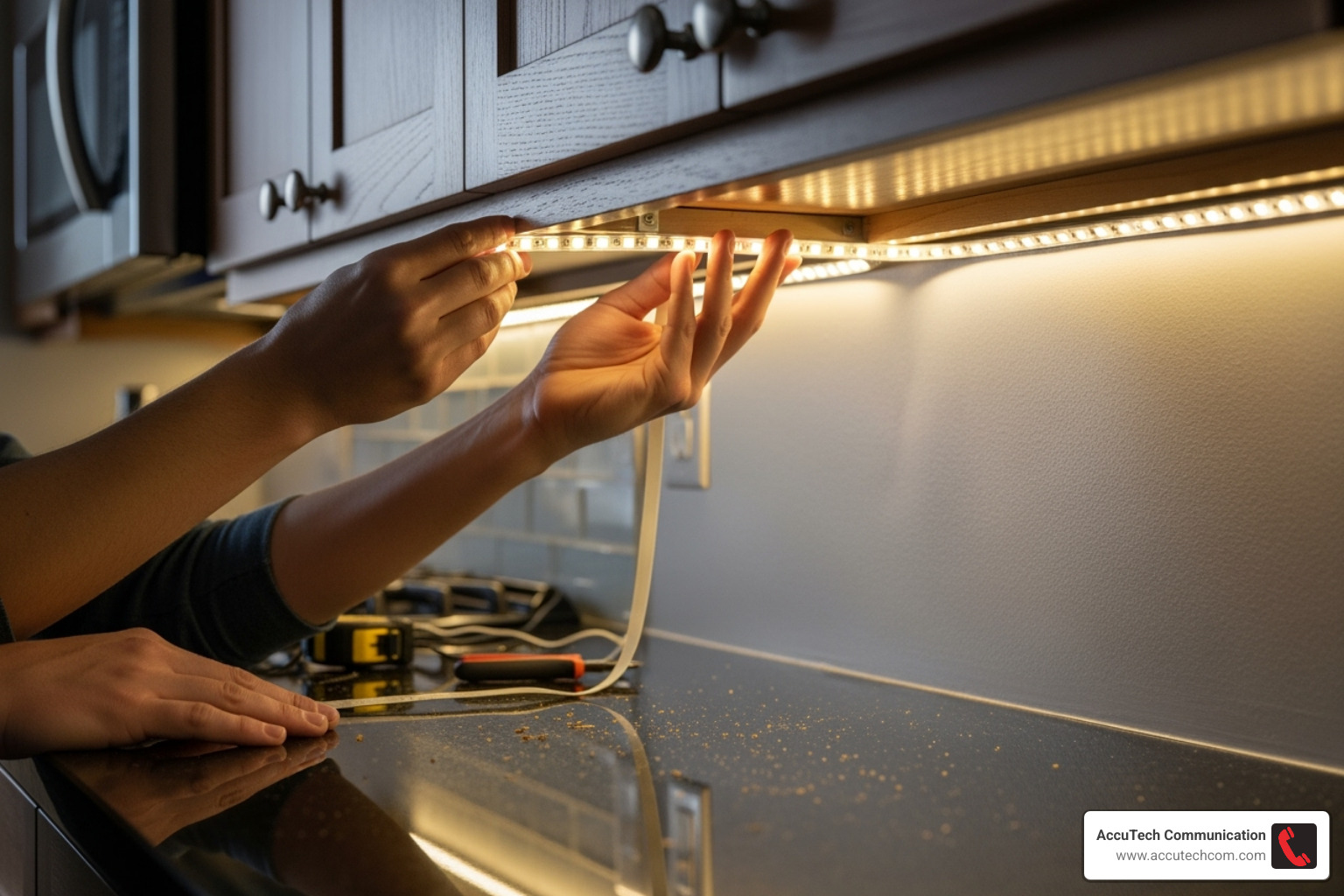 LED strip lighting being installed under a cabinet - how to install low voltage interior lighting