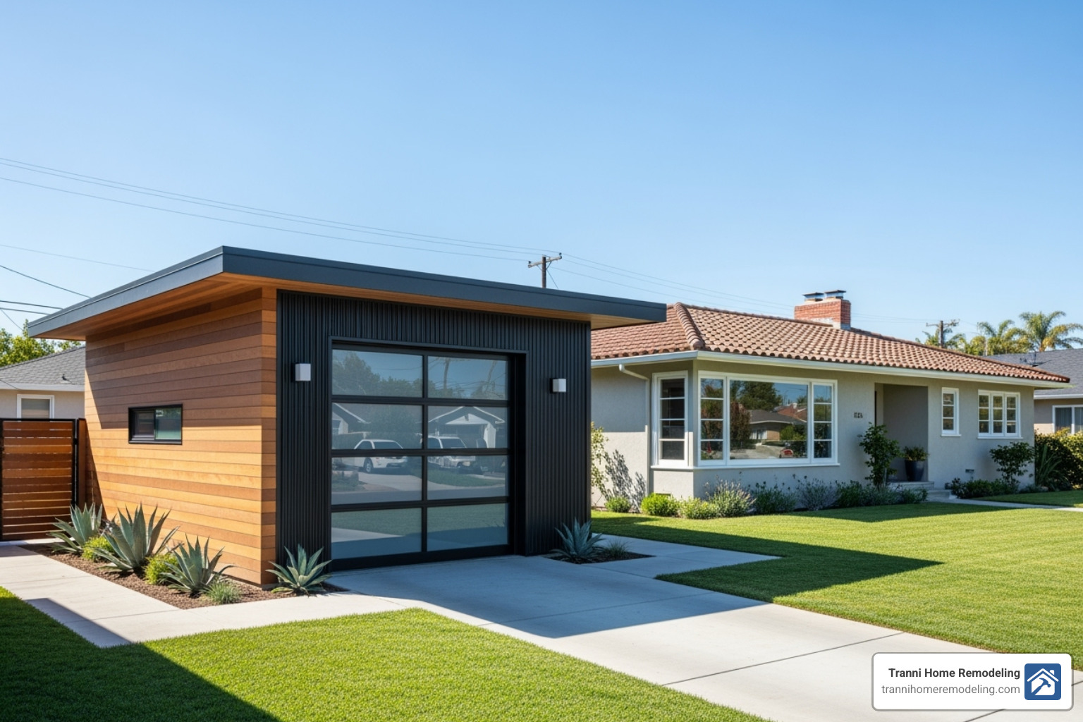 stylish detached garage next to a ranch home - garage additions to ranch style homes