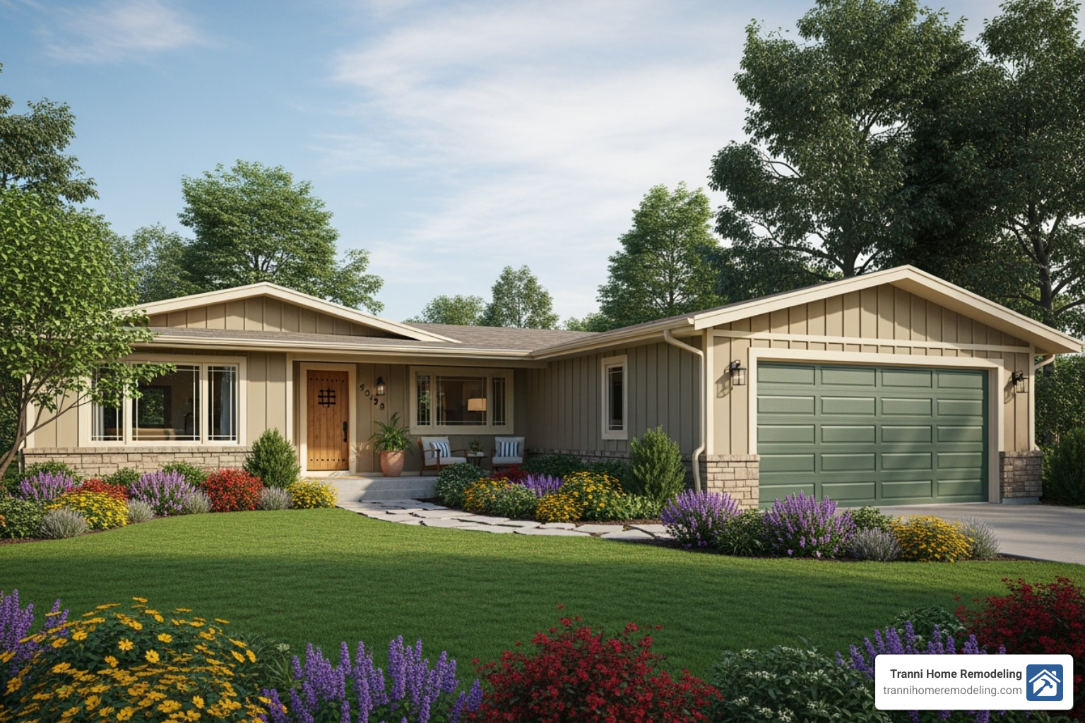 ranch home exterior with a garage, highlighting paint colors and landscaping - garage additions to ranch style homes