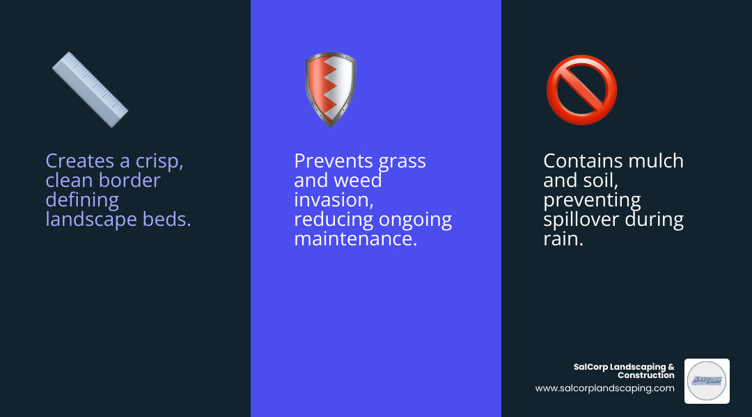 Infographic showing the three key benefits of edging before mulching: creating a clean border that defines landscape beds, containing mulch and soil during heavy rains, and preventing grass invasion that saves maintenance time - edging before mulching infographic 3_facts_emoji_blue