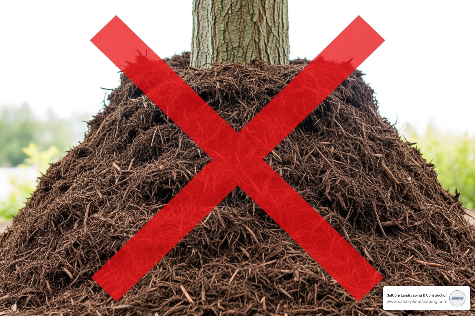 Volcano mulching around a tree trunk with a large red X over it to show what not to do - edging before mulching