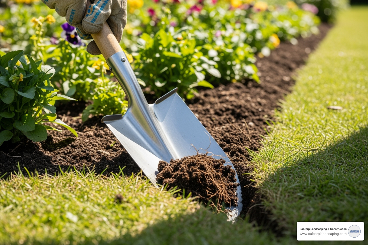 Demonstration of the 45-degree angle cut to create the V-shaped trench - edging before mulching