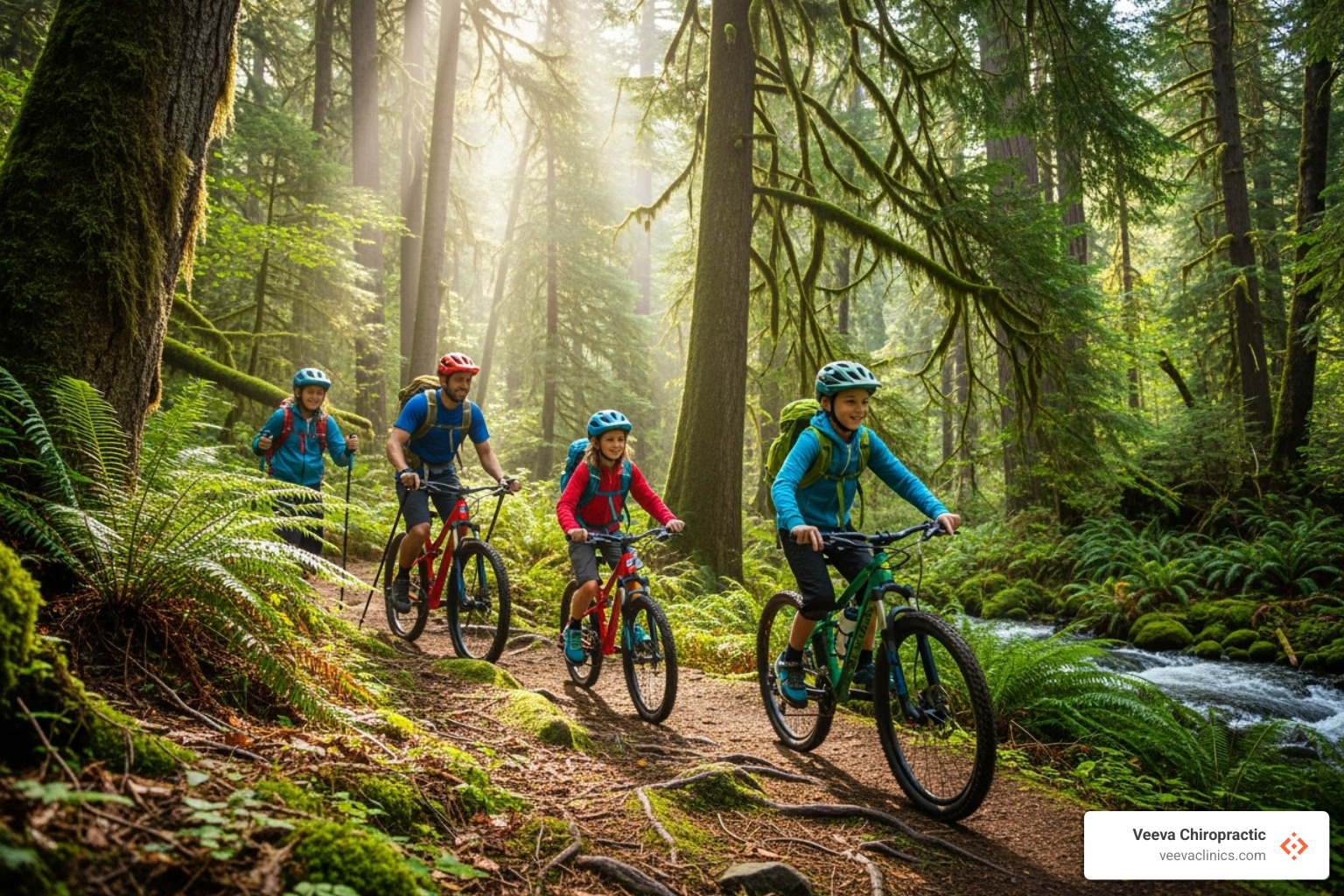 happy, active family enjoying the outdoors in the Pacific Northwest - chiropractors vancouver wa