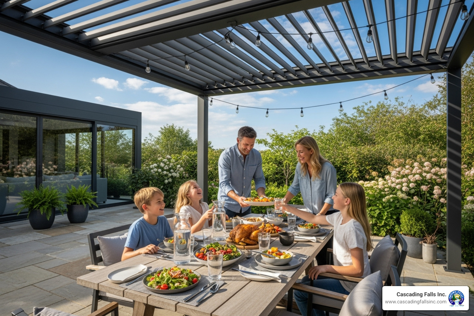 Family dining under a partially closed louvered pergola, showcasing its use in different weather - adjustable louver pergola